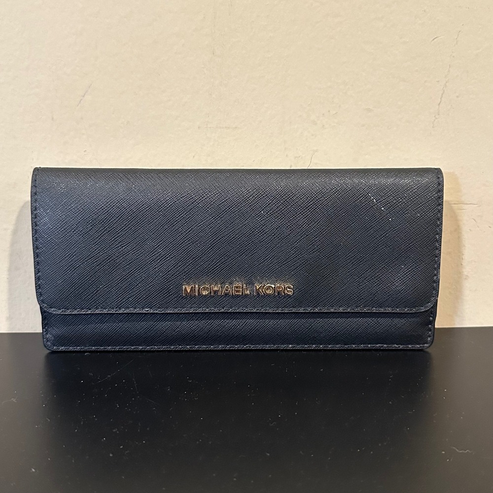 Michael Kors Jet Set Slim Flap Wallet Black Saffiano Leather Gold Hardware Long